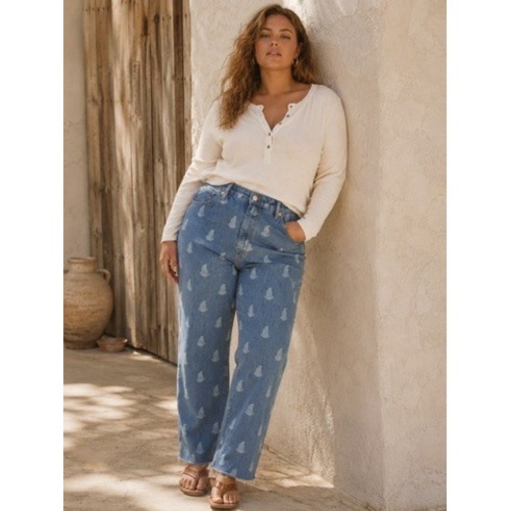 Wrangler Westward High Rise Wide Leg Paisley Print Jeans Blue Denim 33x32